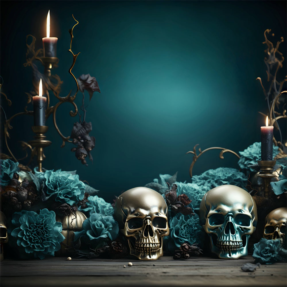 Goldene Totenköpfe und blaugrüne Rosen Halloween Hintergrund BRP8-165