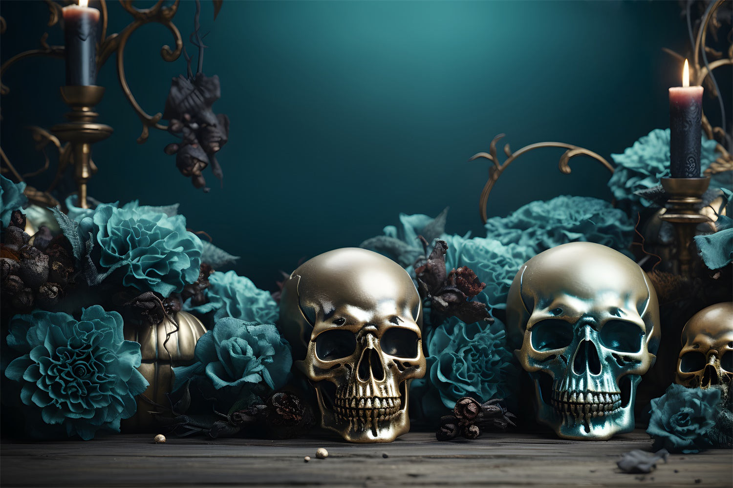 Goldene Totenköpfe und blaugrüne Rosen Halloween Hintergrund BRP8-165
