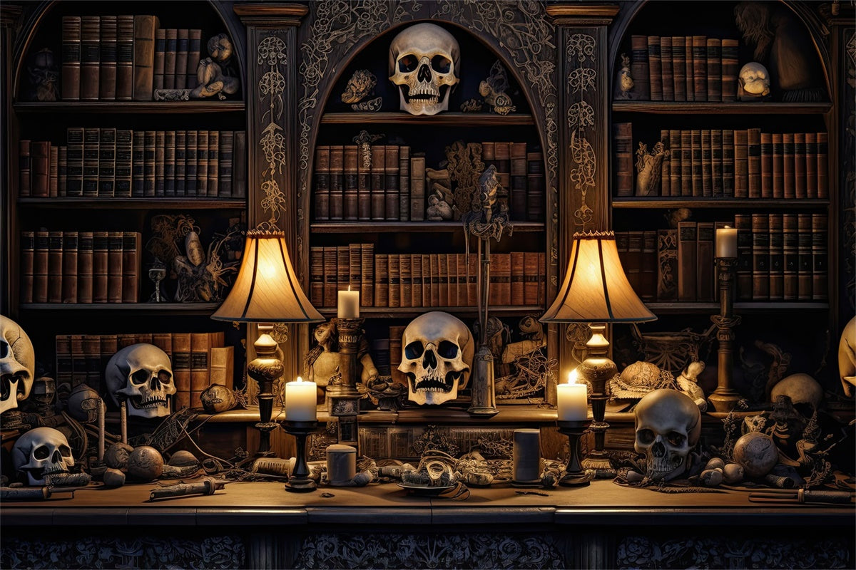 Vintage Totenkopf Bibliothek und Lampen Halloween Hintergrund BRP8-169