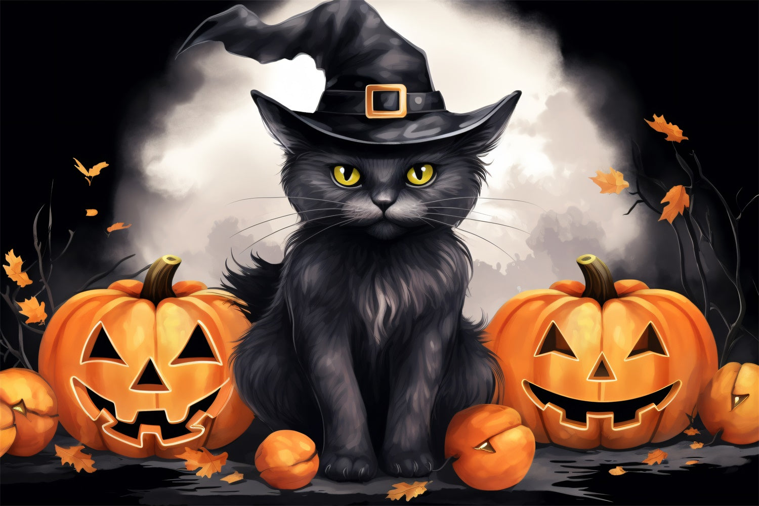 Verzauberte Katze und lächelnde Kürbisse Halloween Hintergrund BRP8-172
