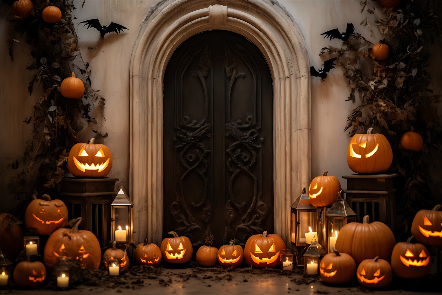 Unheimliche Kürbis gefüllte Türöffnung Halloween Hintergrund BRP8-184