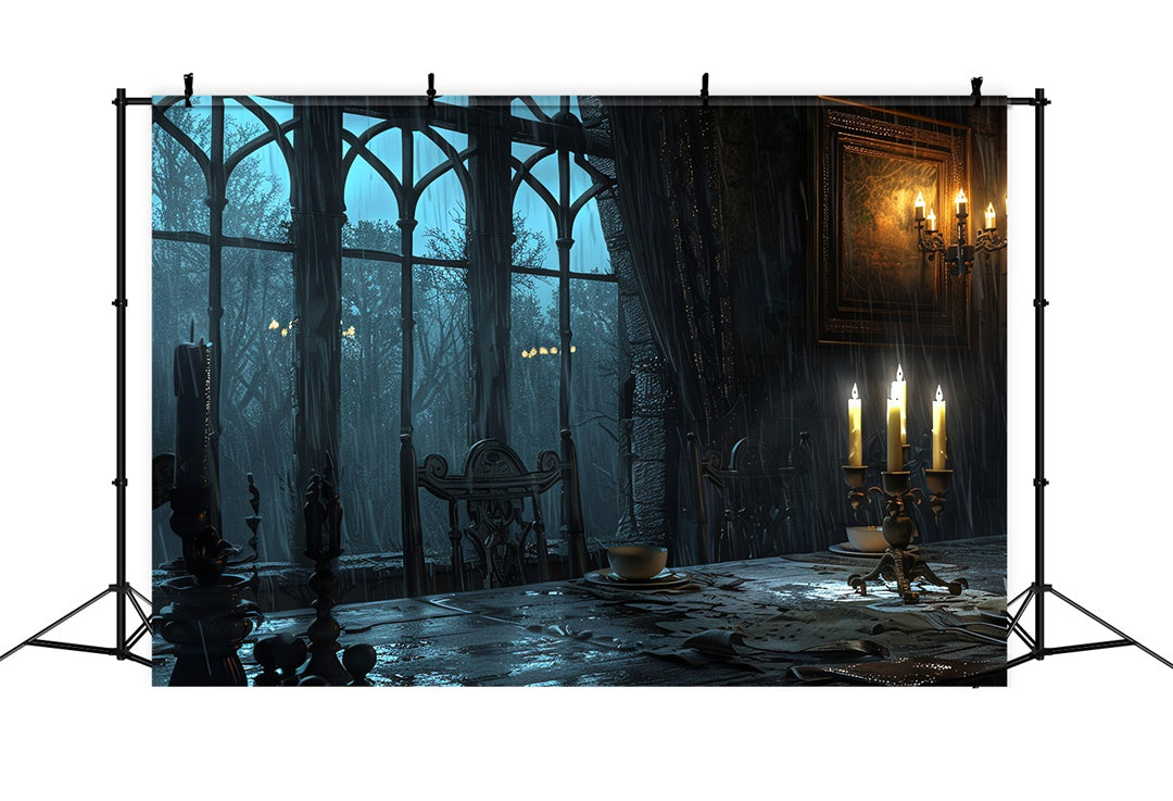 Gruseliger von Kerzen beleuchteter Esstisch Halloween Fensterhintergrund BRP8-188