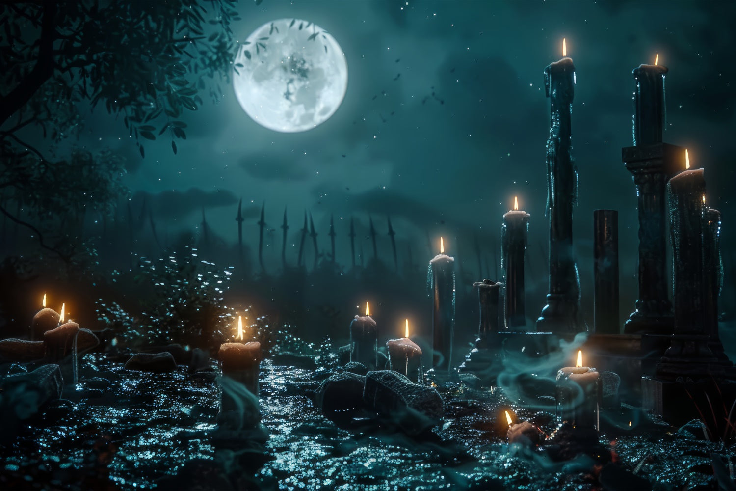 Gruseliger Friedhofsweg mit Kerzenlicht Halloween Hintergrund BRP8-189
