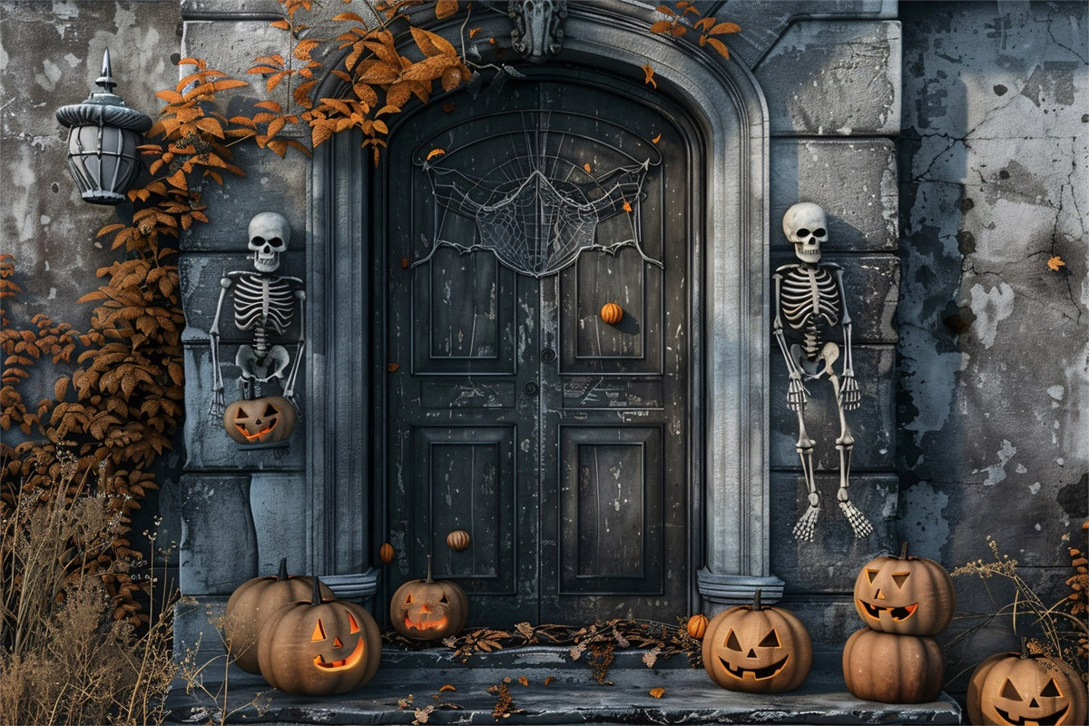 Skelett Wächter und Kürbis Halloween Tür Hintergrund BRP8-196