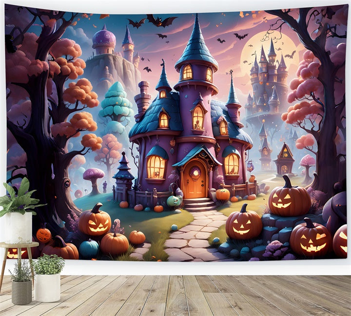 Halloween Mystisches Hexenhaus mit Kürbissen Hintergrund BRP8-208