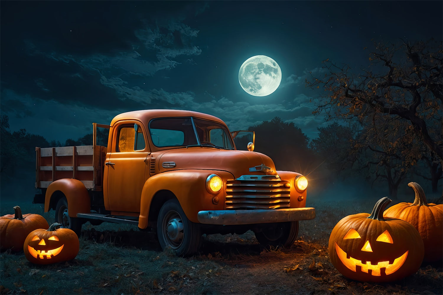 Lastwagen und Kürbisse im Halloween Wald Hintergrund BRP8-222