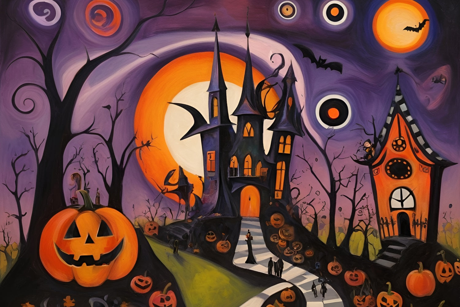 Abstraktes Halloween Schloss und kürbisbeladener Pfad Hintergrund BRP8-223