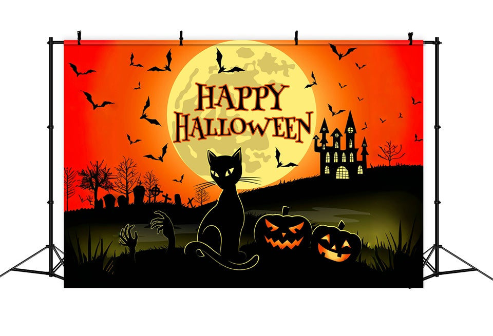 Gruselige Katze und Schloss Happy Halloween Hintergrund BRP8-228