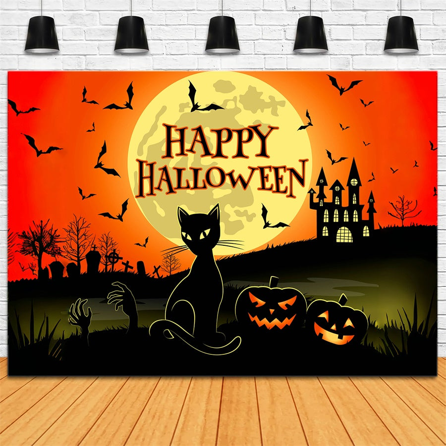 Gruselige Katze und Schloss Happy Halloween Hintergrund BRP8-228