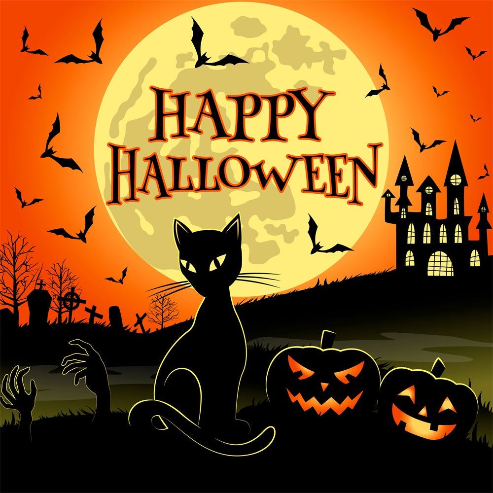 Gruselige Katze und Schloss Happy Halloween Hintergrund BRP8-228