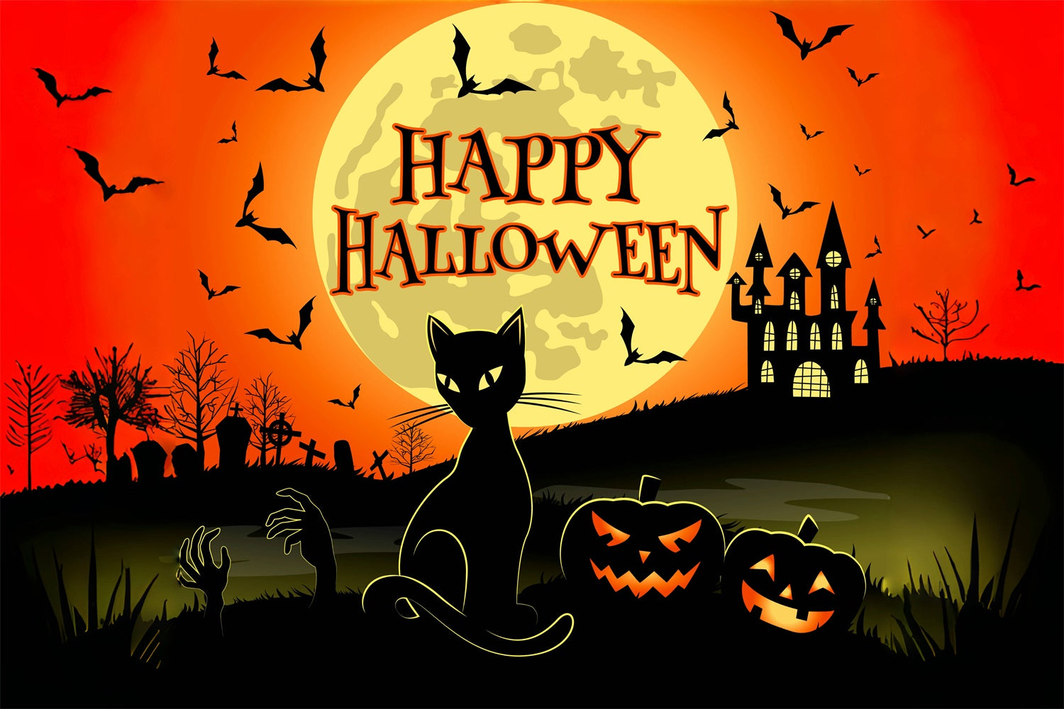 Gruselige Katze und Schloss Happy Halloween Hintergrund BRP8-228