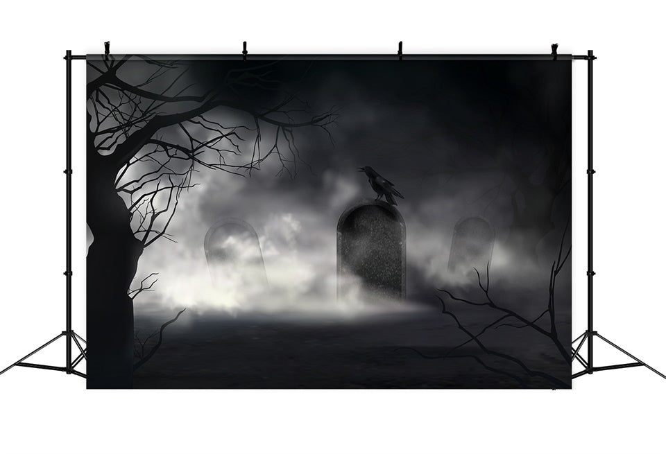 Nebliger Friedhof mit Rabe Halloween Hintergrund BRP8-232