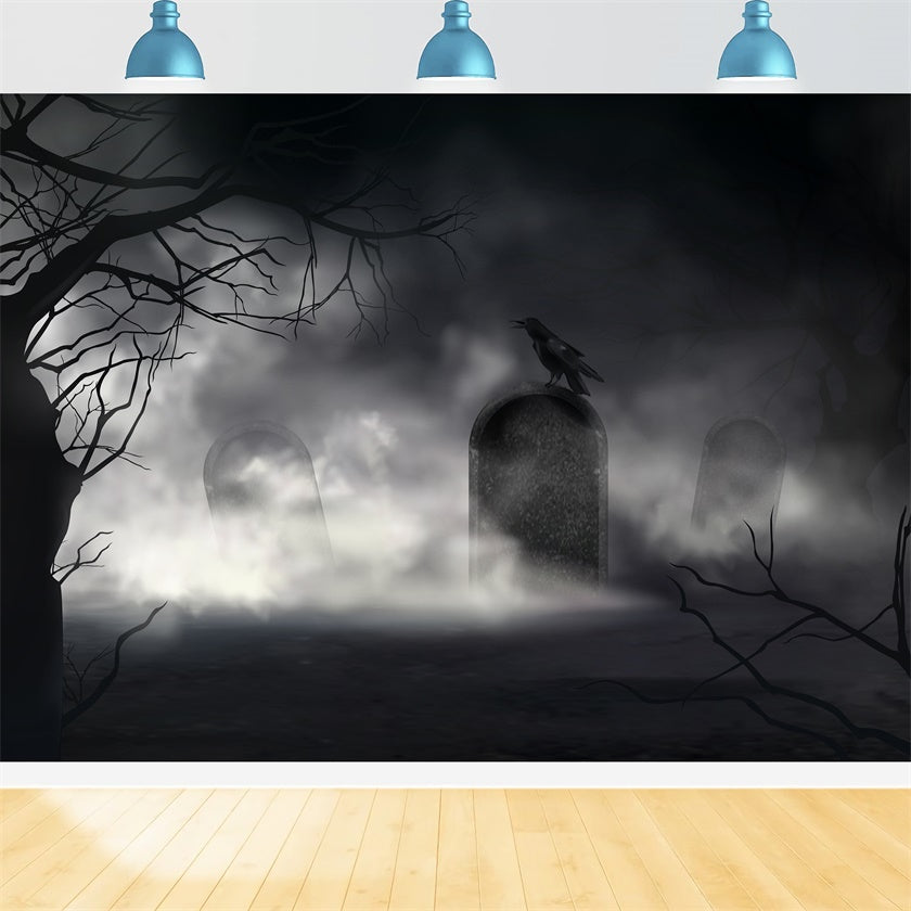 Nebliger Friedhof mit Rabe Halloween Hintergrund BRP8-232
