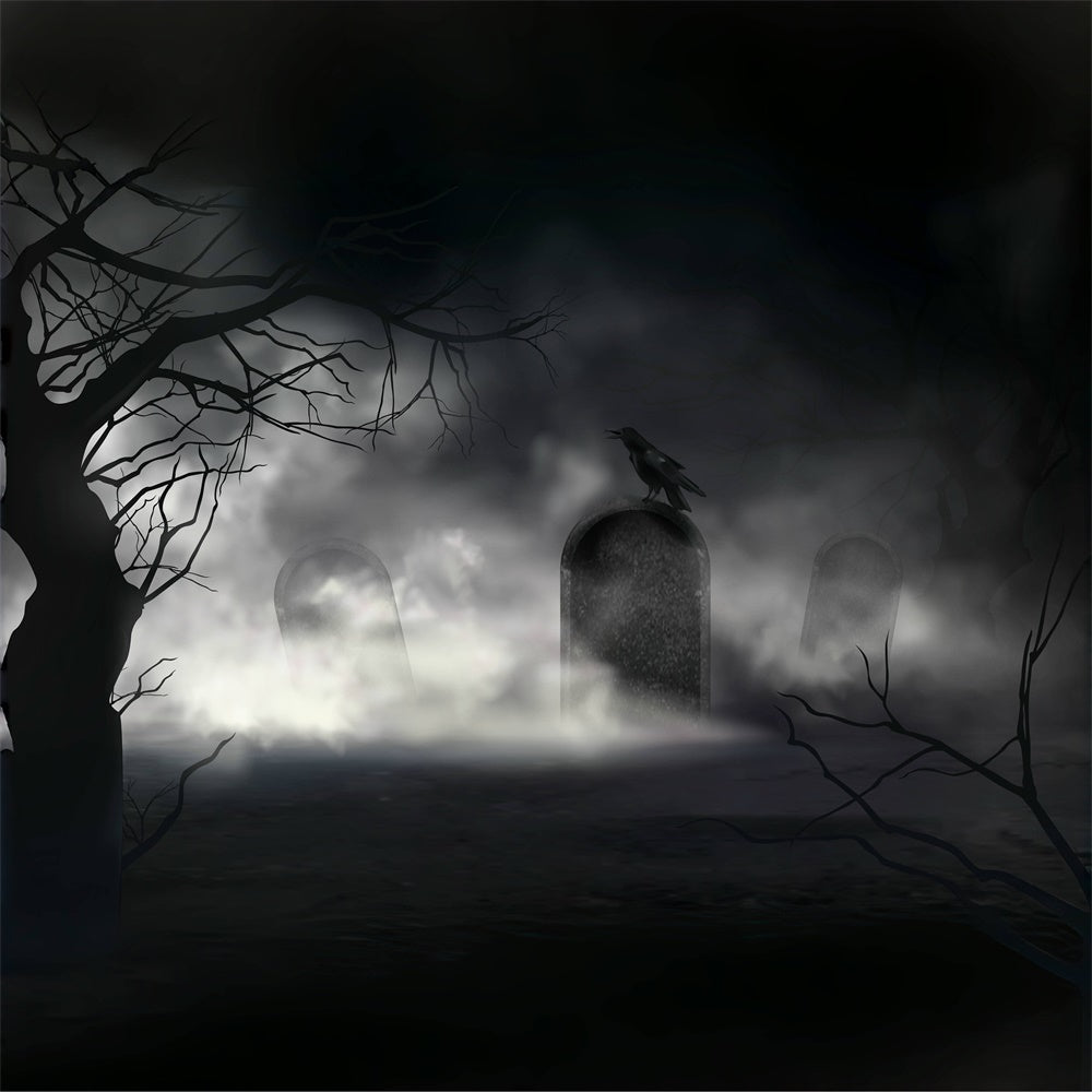 Nebliger Friedhof mit Rabe Halloween Hintergrund BRP8-232