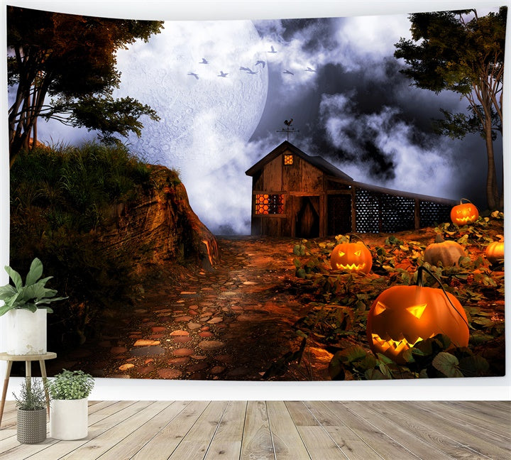 Halloween Gespenstisches Bauernhaus bei Vollmond Hintergrund BRP8-235