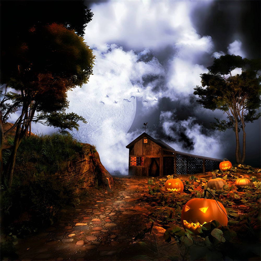 Halloween Gespenstisches Bauernhaus bei Vollmond Hintergrund BRP8-235