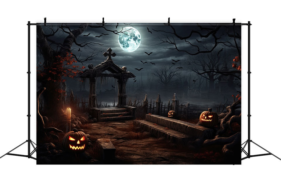 Gruseliger Halloween Friedhof mit leuchtenden Kürbissen Hintergrund BRP8-237