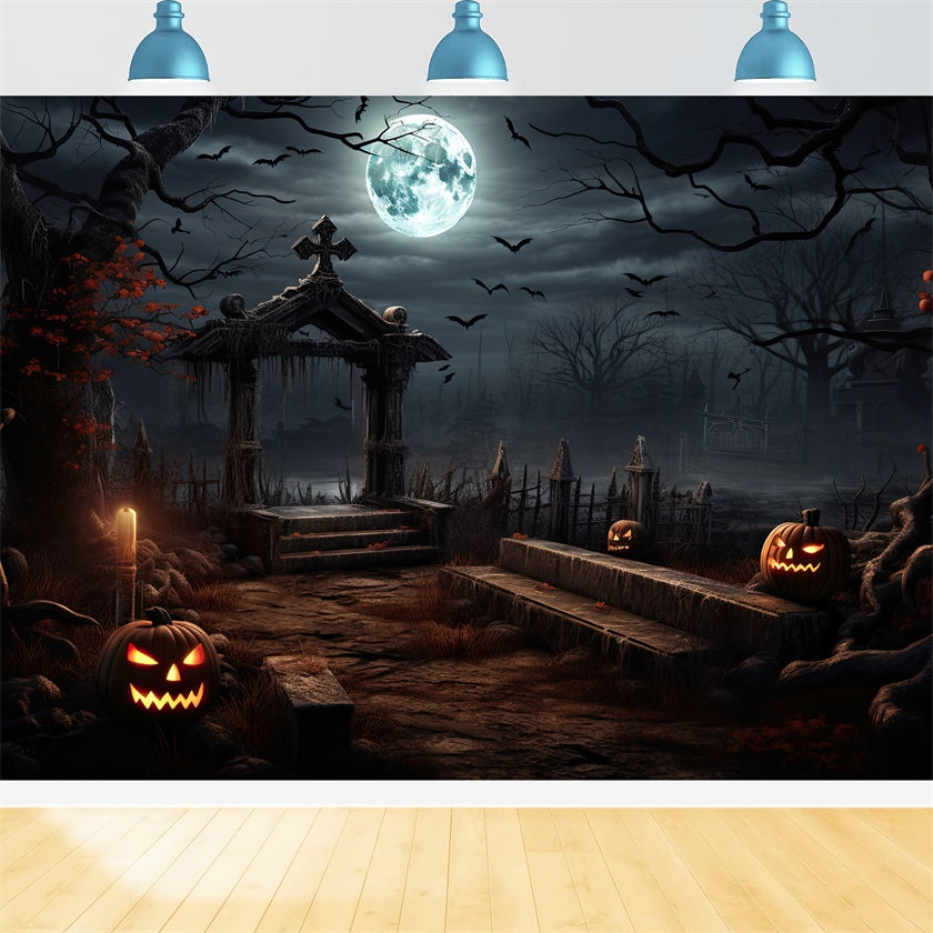 Gruseliger Halloween Friedhof mit leuchtenden Kürbissen Hintergrund BRP8-237