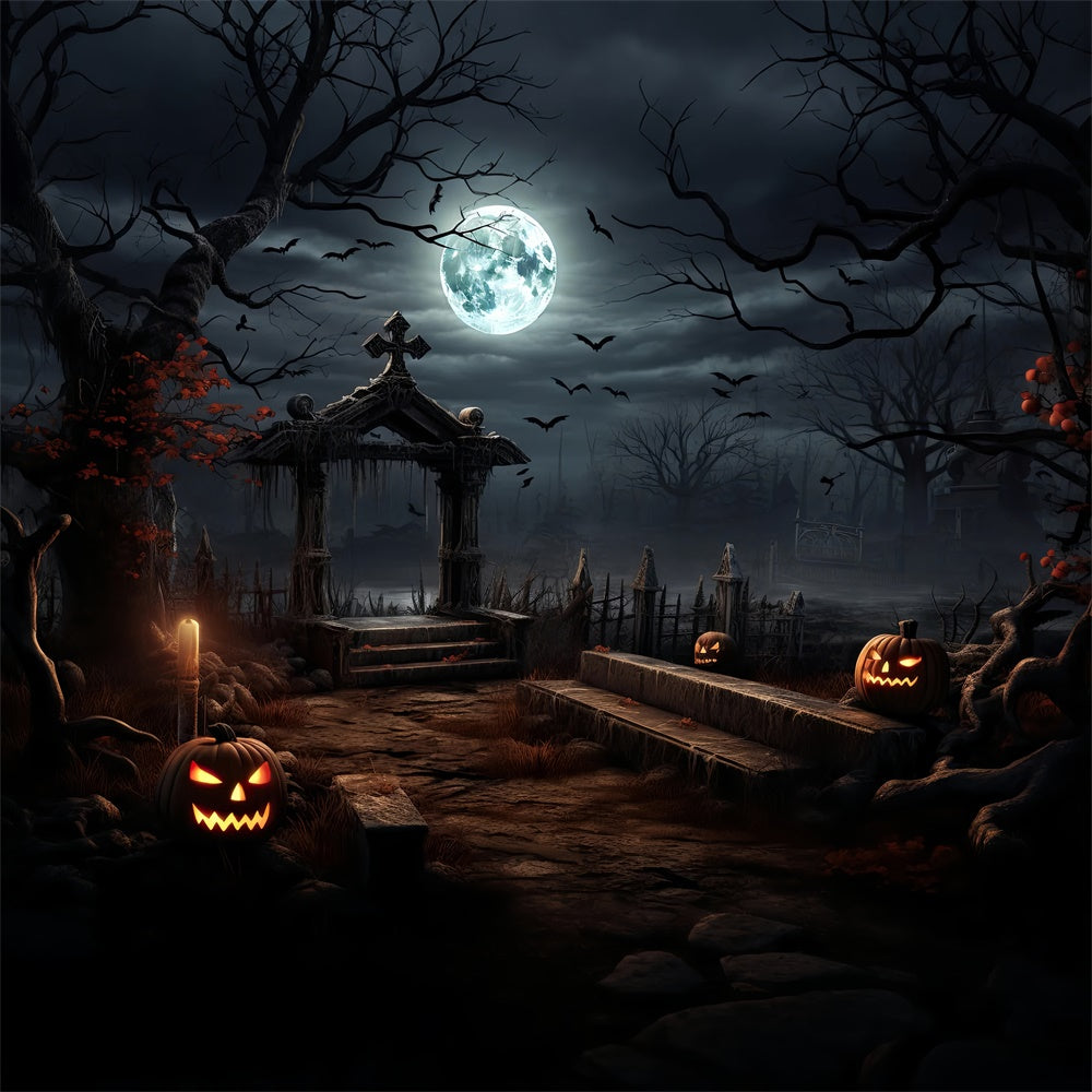 Gruseliger Halloween Friedhof mit leuchtenden Kürbissen Hintergrund BRP8-237