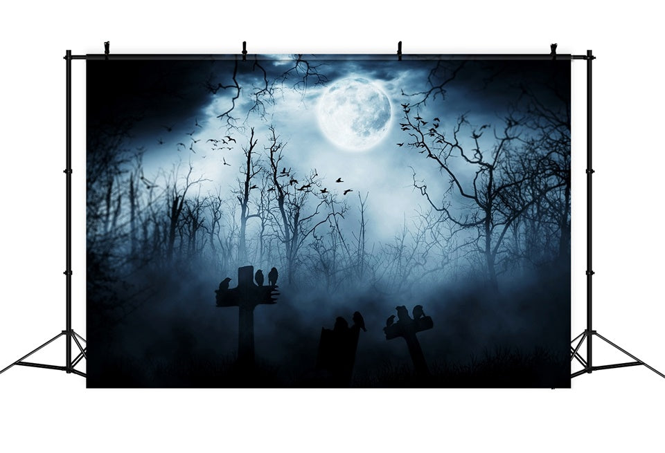 Nebelige Nacht mit Krähen Halloween Wald Hintergrund BRP8-246