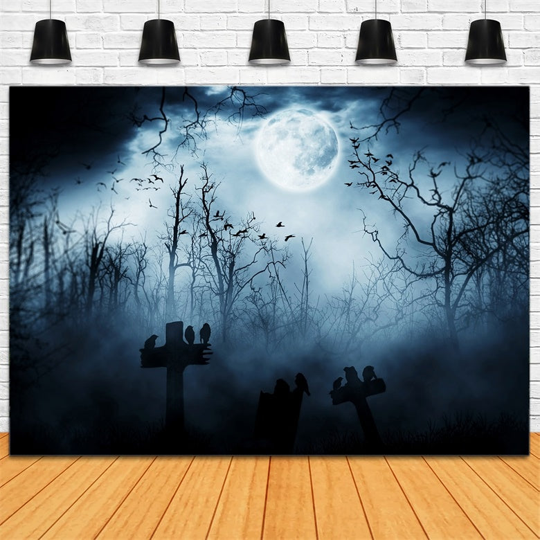 Nebelige Nacht mit Krähen Halloween Wald Hintergrund BRP8-246