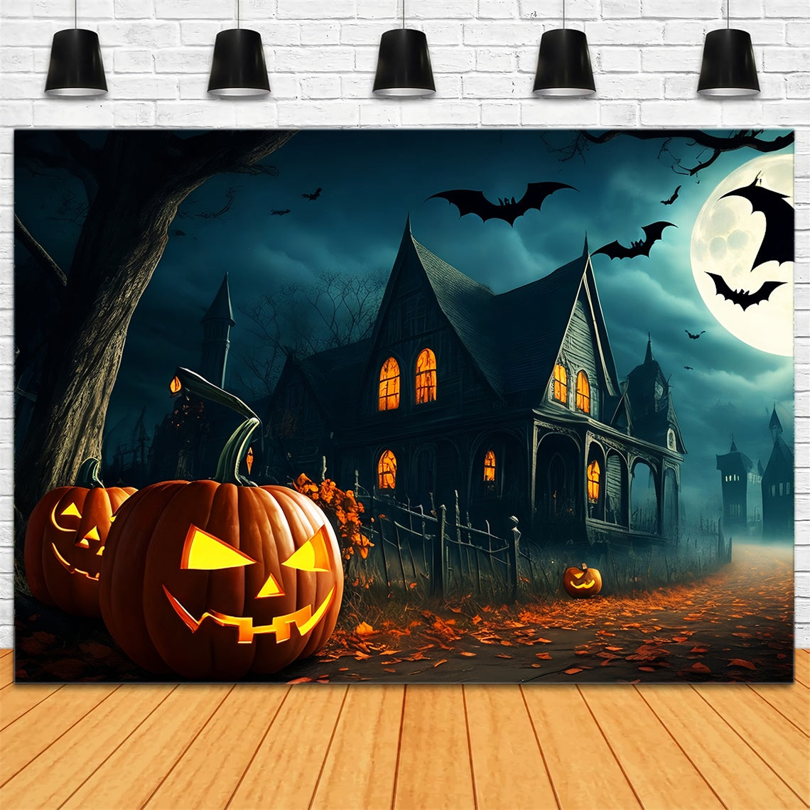 Kürbisgesäumter Pfad zu düsterem Dorf Halloween Hintergrund BRP8-251