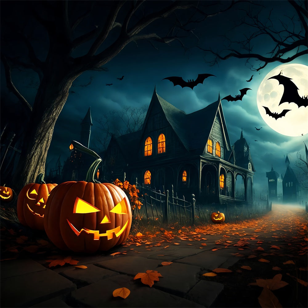 Kürbisgesäumter Pfad zu düsterem Dorf Halloween Hintergrund BRP8-251