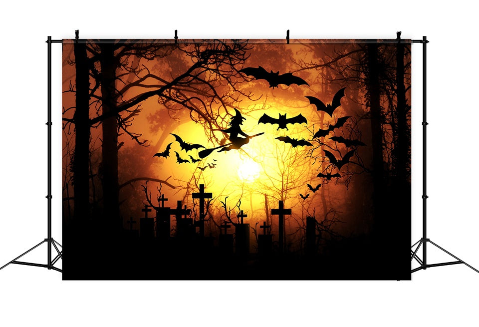 Halloween Fledermäuse Fliegende Hexe Orange Mond Hintergrund BRP8-276