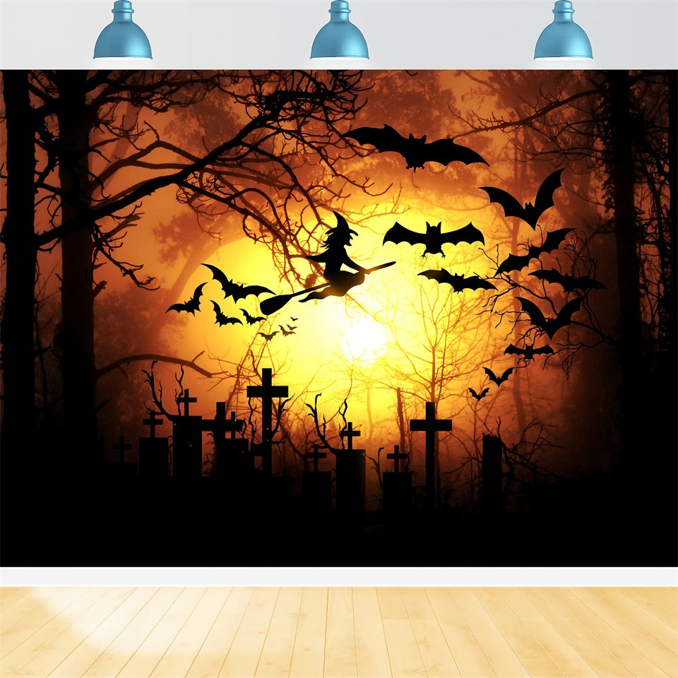 Halloween Fledermäuse Fliegende Hexe Orange Mond Hintergrund BRP8-276