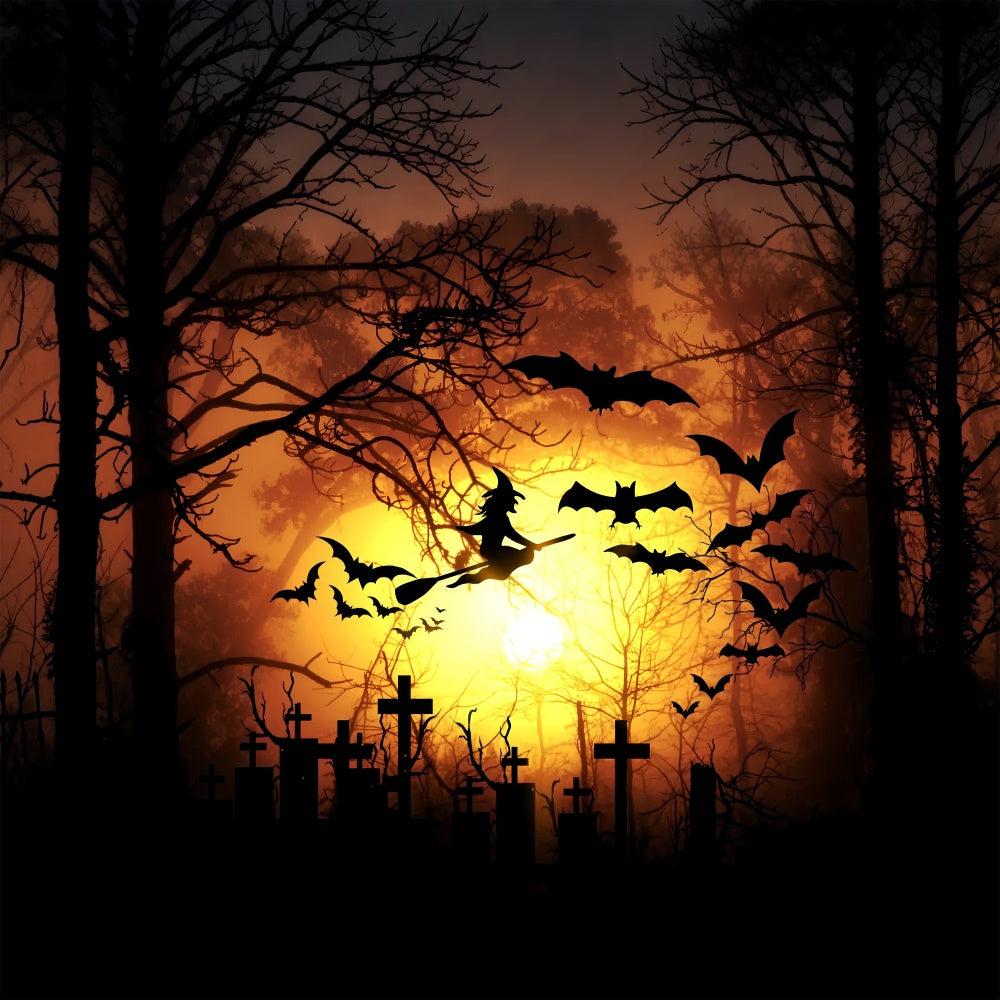 Halloween Fledermäuse Fliegende Hexe Orange Mond Hintergrund BRP8-276