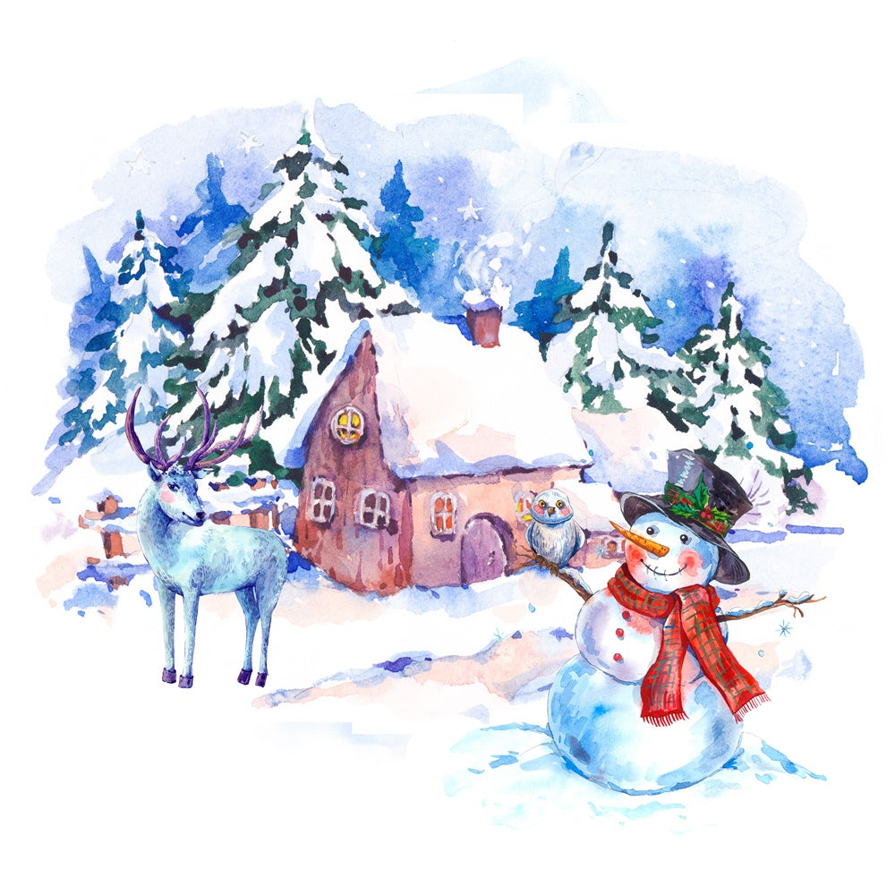 Aquarell Schneemann und Rentier Weihnachten Hütte Hintergrund BRP8-301