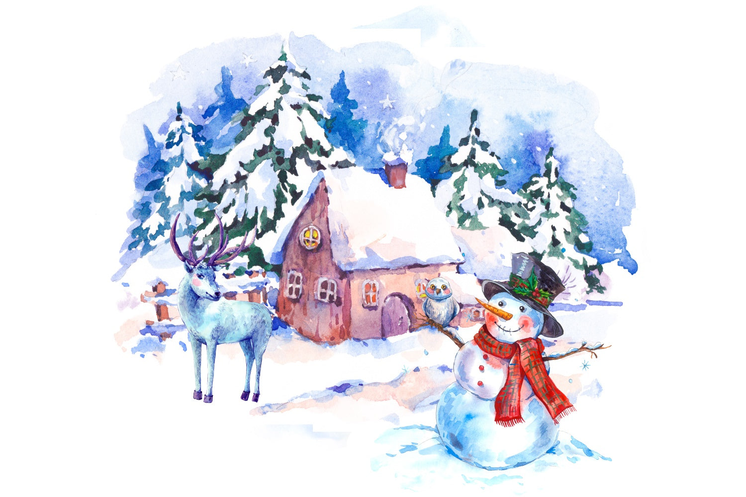 Aquarell Schneemann und Rentier Weihnachten Hütte Hintergrund BRP8-301