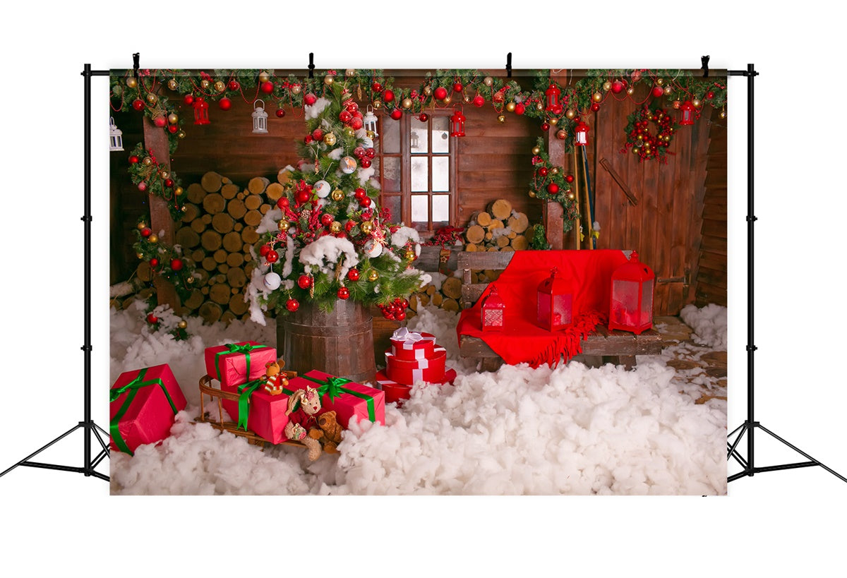 Weihnachts-Holzhaus und Geschenke Hintergrund BRP8-304