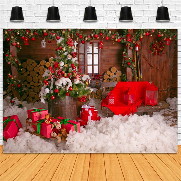 Weihnachts-Holzhaus und Geschenke Hintergrund BRP8-304