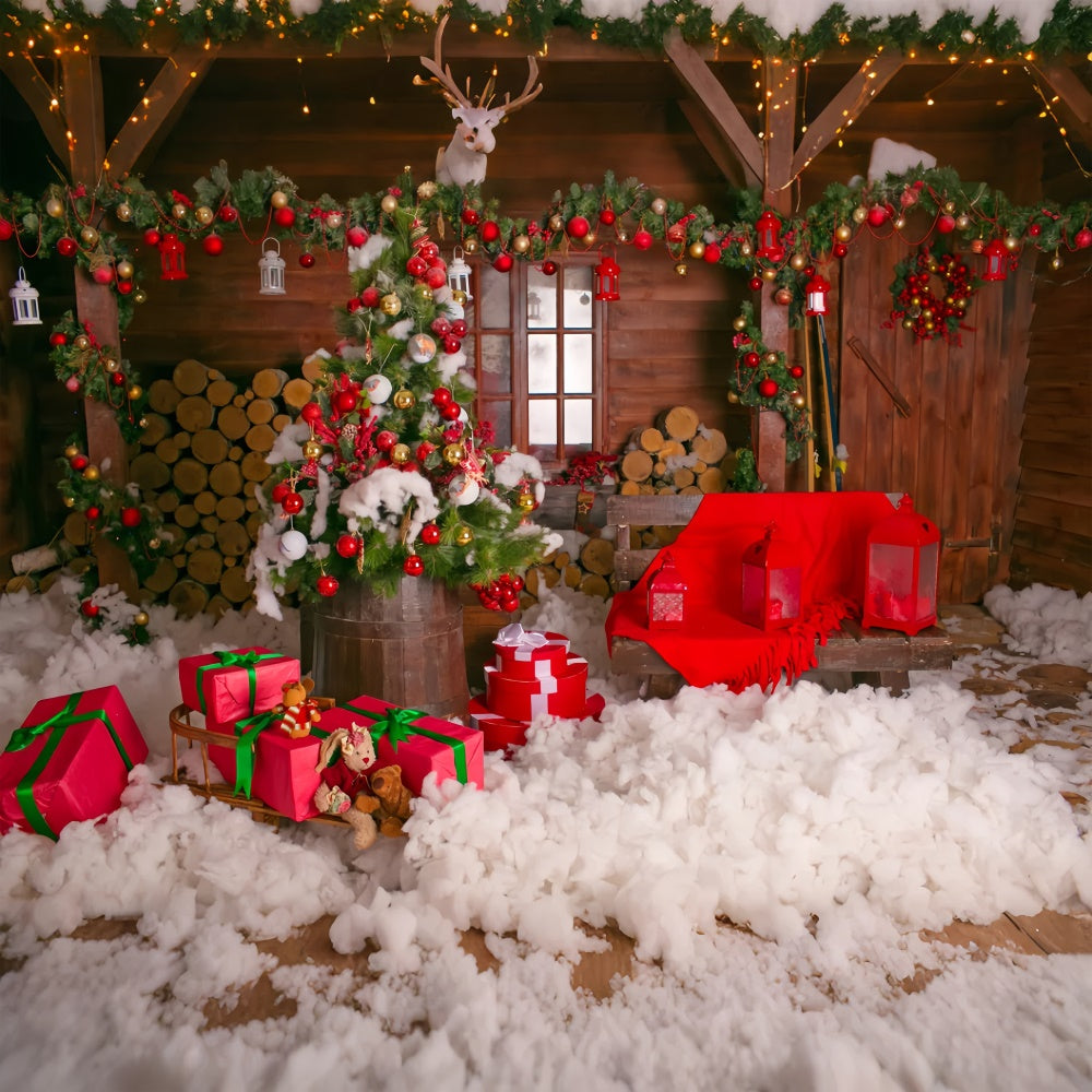 Weihnachts-Holzhaus und Geschenke Hintergrund BRP8-304