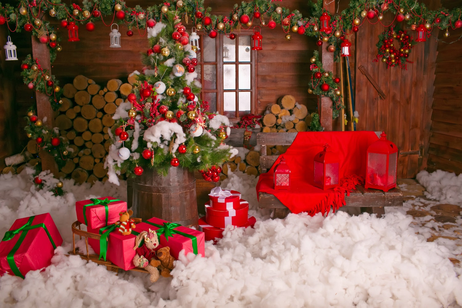 Weihnachts-Holzhaus und Geschenke Hintergrund BRP8-304