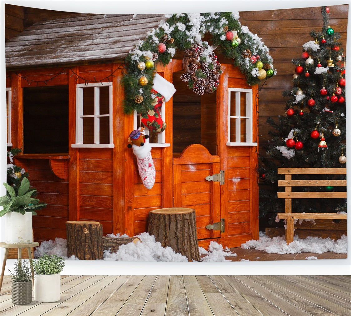 Verschneites Holzhaus Weihnachtsszene Hintergrund BRP8-314