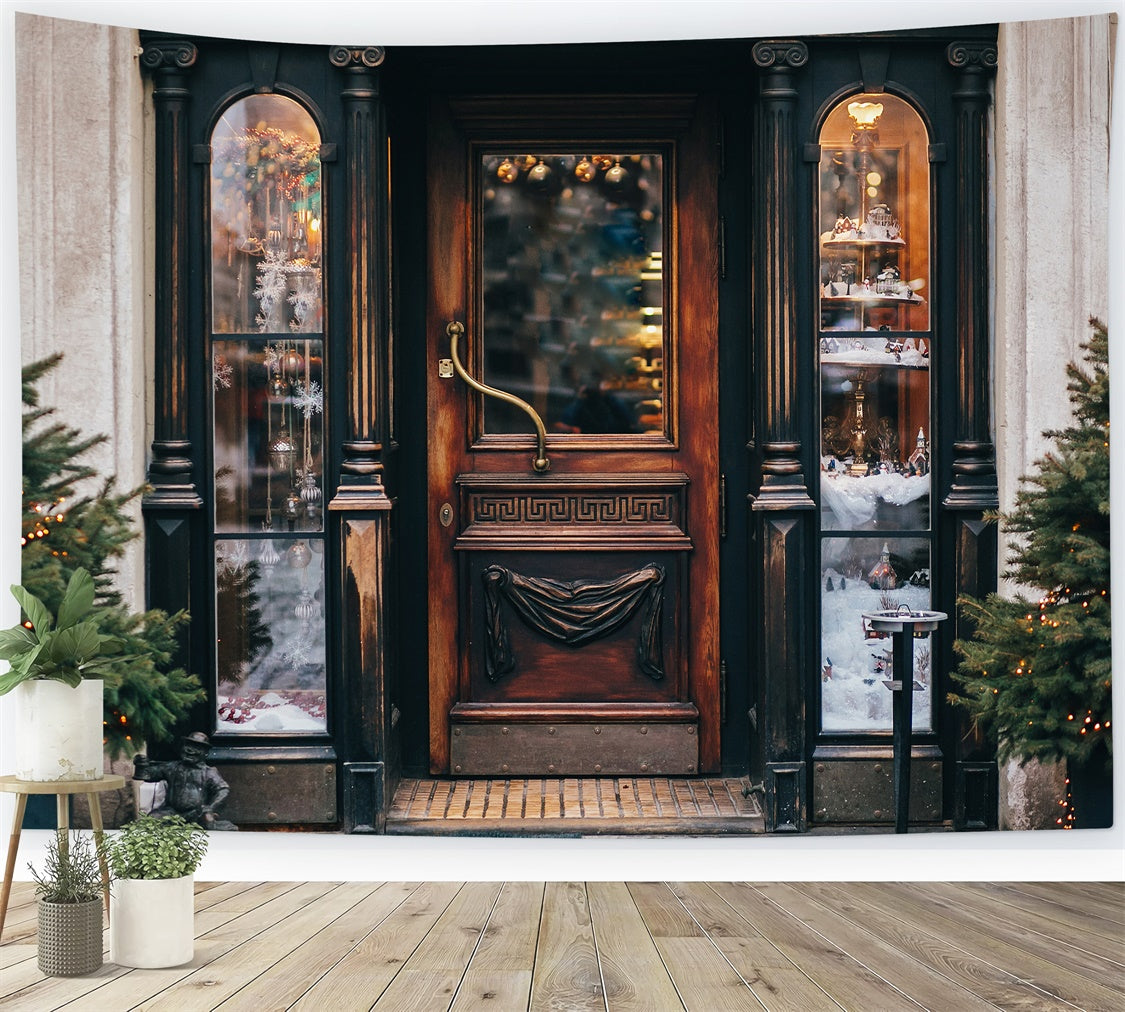 Vintage-Weihnachts-Schaufenster mit Tannenbäumen Hintergrund BRP8-318