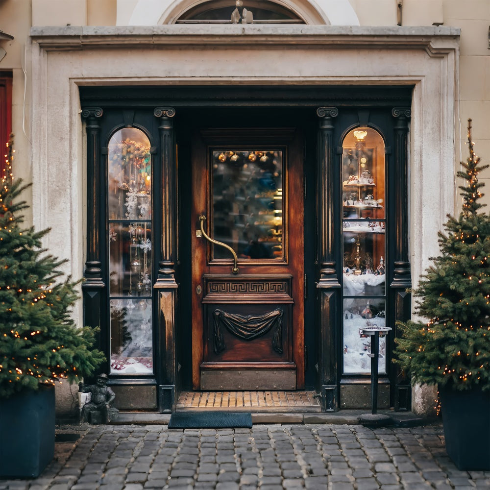 Vintage-Weihnachts-Schaufenster mit Tannenbäumen Hintergrund BRP8-318