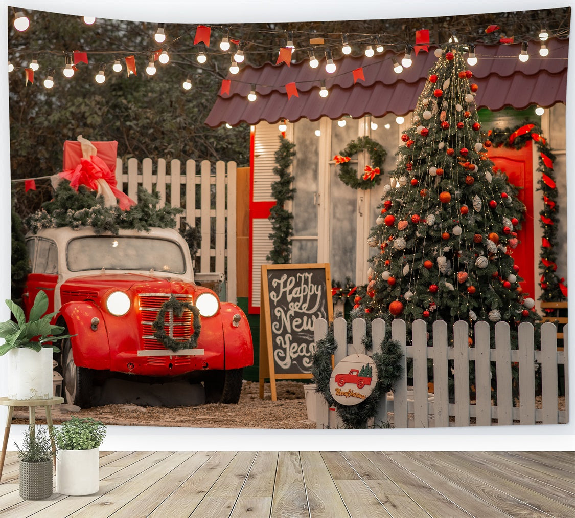 Weihnachtsveranda mit Auto und Baum Hintergrund BRP8-324