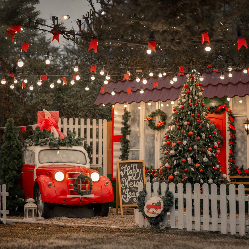 Weihnachtsveranda mit Auto und Baum Hintergrund BRP8-324