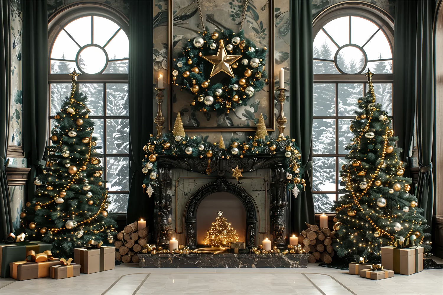 Weihnachten Gold Eleganz Kamin Backdrop BRP8-36