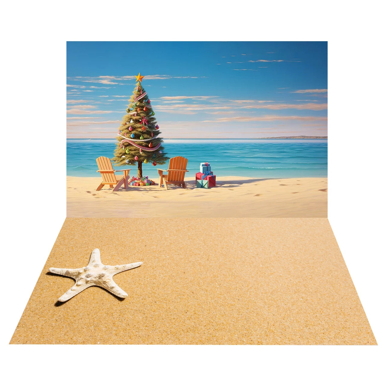 Weihnachtsbaum-Hintergrund am Meer + Seestern-Sandboden-Hintergrund BRP8-389