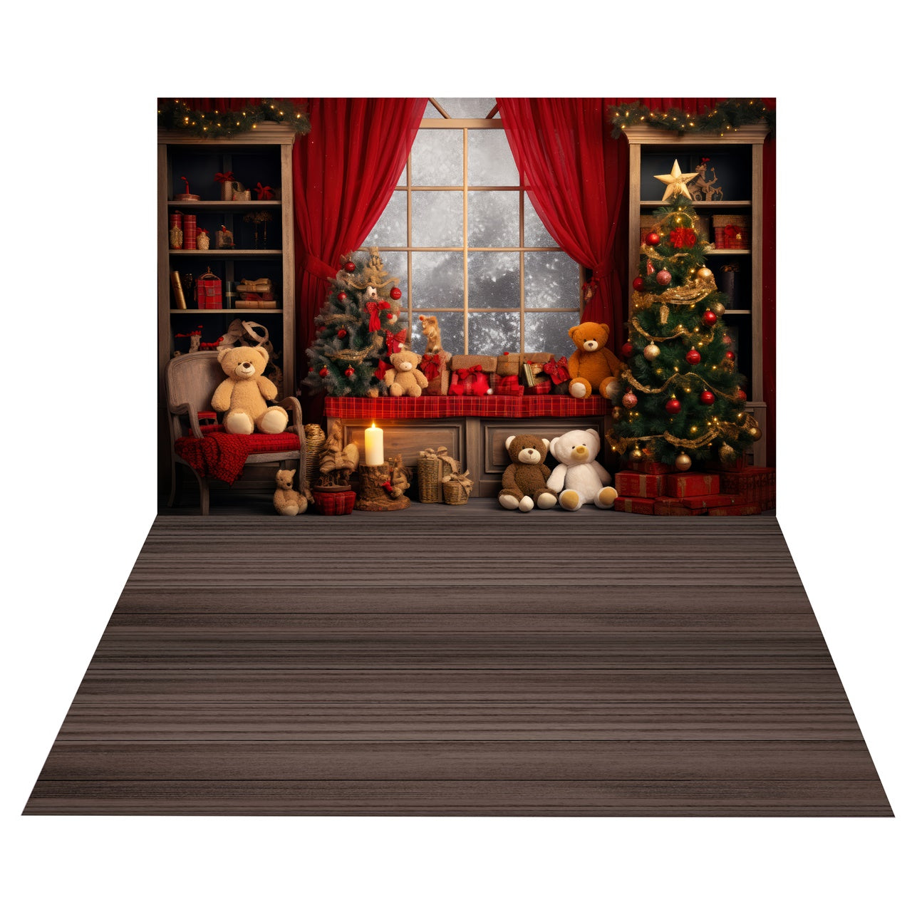 Weihnachtsbären Baum Fenster Szene Hintergrund + Holzmaserung Boden Set BRP8-390