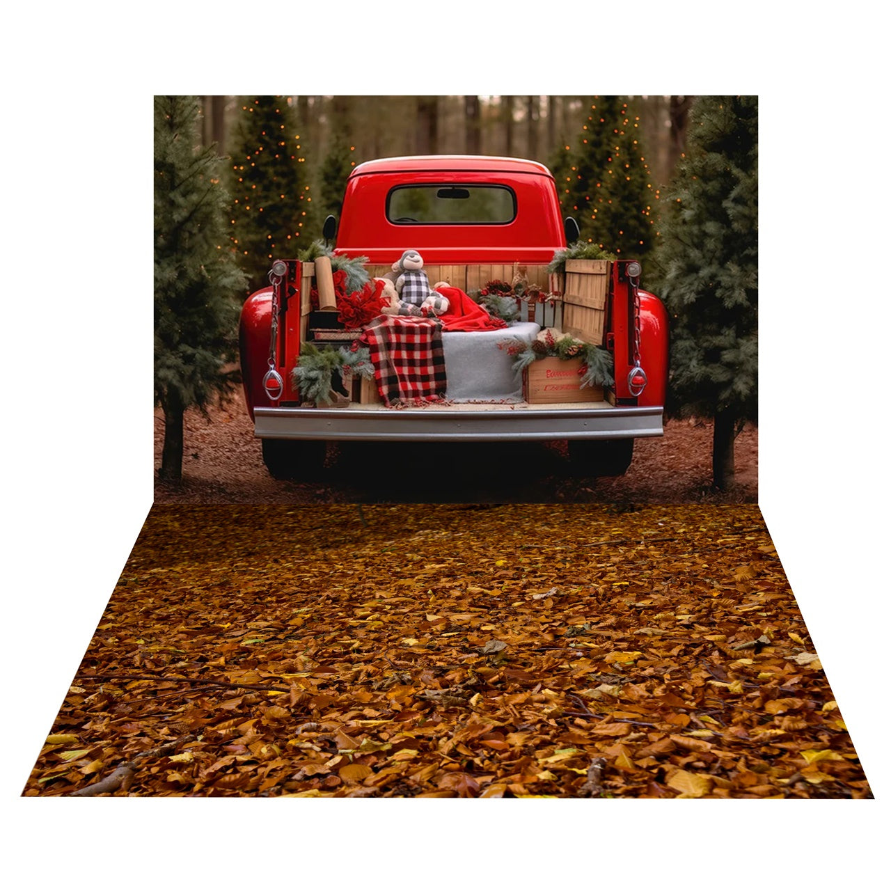 Weihnachtsbaum-Farm-LKW-Hintergrund + Herbstblätter-Bodenkulisse BRP8-394