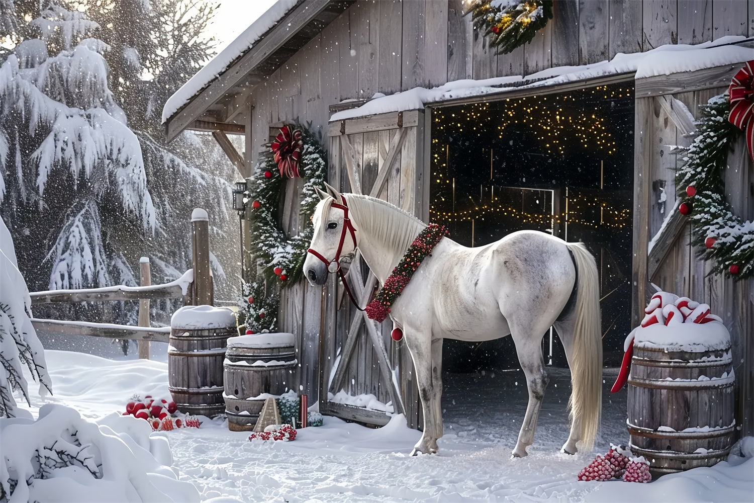 Weihnachtsscheune mit festlichem Pferd BRP8-65