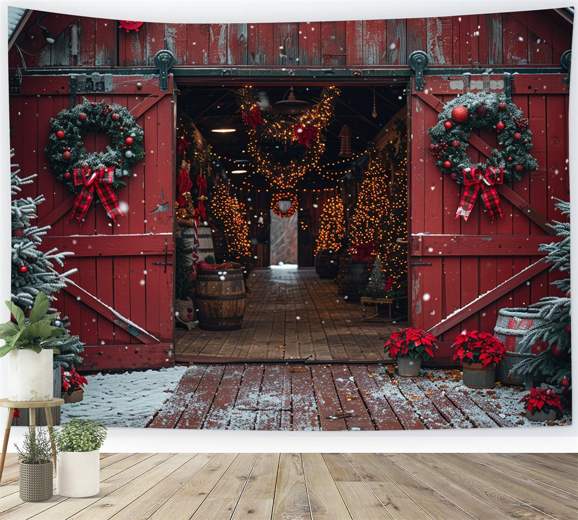 Rustikaler Scheunen-Weihnachtsbaum und Kranz-Wunderland-Kulisse BRP9-117