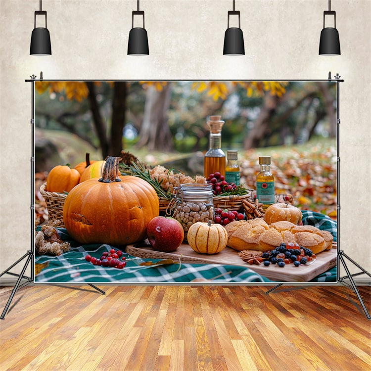 Warme Herbst Picknick Kürbisse Saisonale Köstlichkeiten Hintergrund BRP9-144