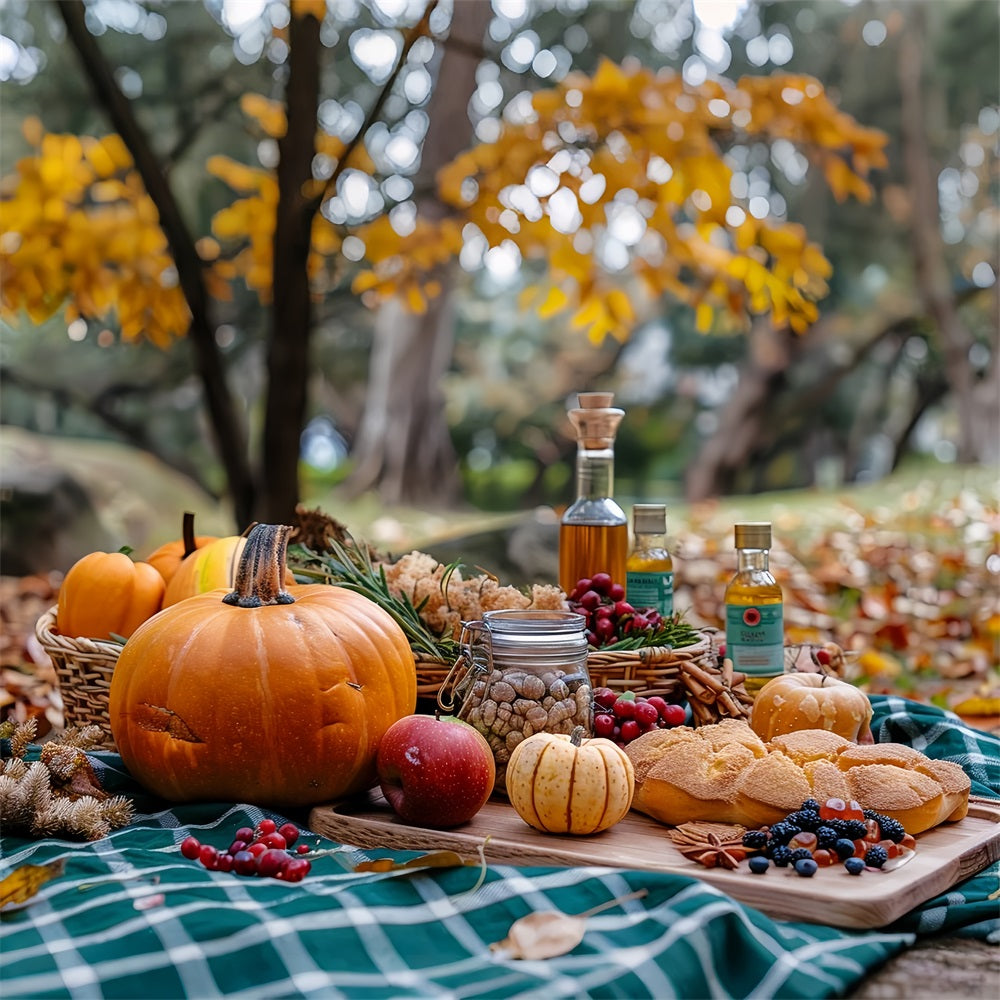 Warme Herbst Picknick Kürbisse Saisonale Köstlichkeiten Hintergrund BRP9-144