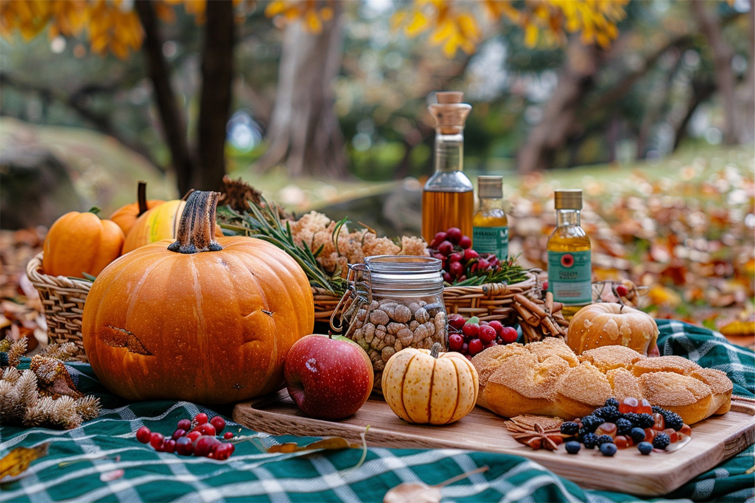 Warme Herbst Picknick Kürbisse Saisonale Köstlichkeiten Hintergrund BRP9-144